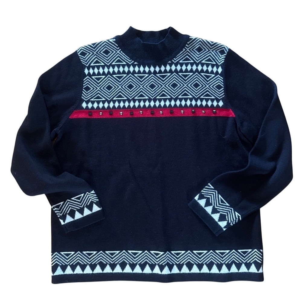 Alfred Dunner Womens Mock‎ Neck Geometric Embellished Sweater Black Red White M